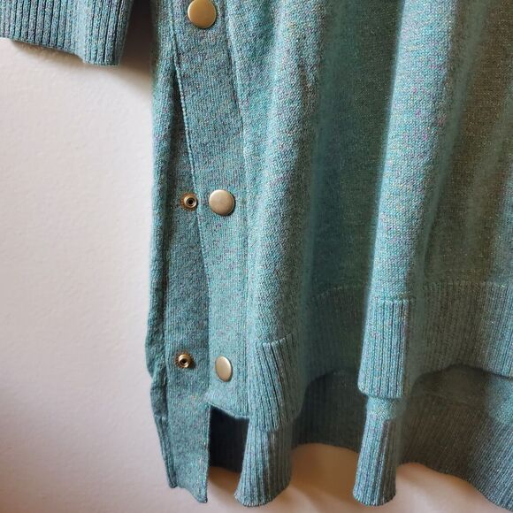 Soho Jeans Women L Teal Sweater Snaps Metallic Thread Hi-Lo Hem Mermaid Colors - Picture 2 of 11